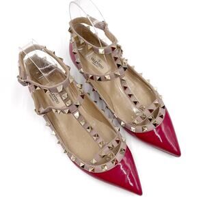 Valentino Rockstud Cage Flats Pink Patent Leather Bow Pointed Sz 36.5 / 6.5 US